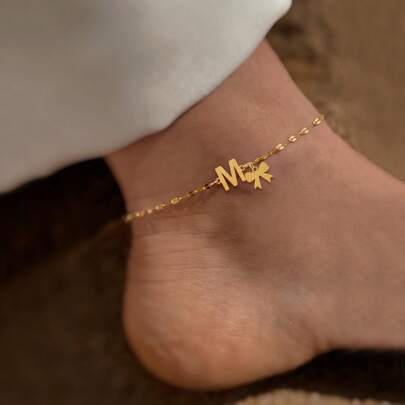 1pc Simple Vintage Stainless Steel Bowknot Initial Golden Lip Chain Anklet For Women