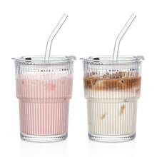 APPKER Cốc thủy tinh 380ml có nắp và ống hút - Cốc thủy tinh có gân đựng cà phê đá, Cốc thủy tinh trong suốt chống rò rỉ dùng cho sinh tố, latte đá, matcha, đồ uống lạnh - Trong sáng - Xem 12