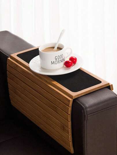1pc New Foldable Bamboo Sofa Armrest Tray. Circular Sofa Armrest Tray For Holding Drinks, Snacks And Items - Suitable For Sofa And Recliner.