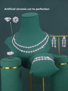 5pcs 18K Gold Plated Royal Style Water Drop Design Bridal Wedding Jewelry Set, Handset White Cubic Zirconia, Including Necklace, Bracelet, Earrings, Ring, Suitable For Daily Wedding Wear, Wedding Anniversary Gift (Luxury Gift Box Packaging) Complimentary - Water Drop Bridal Set - View 4