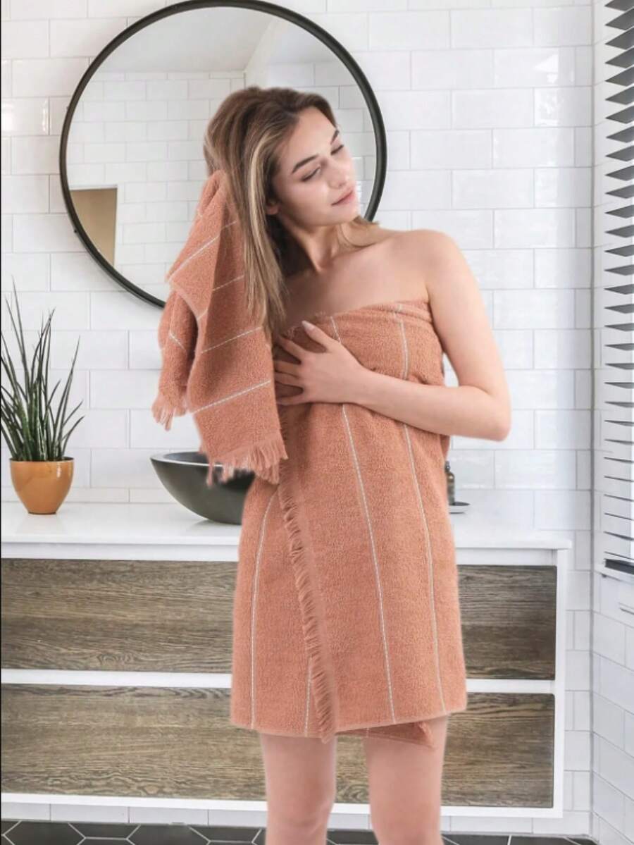 Made In Turkey - 2-Piece Tile Jacquard Fringed Bath Towel Set – 70x140 Cm, 70% Cotton 30% Polyester, Striped Pattern - Orange - View 1