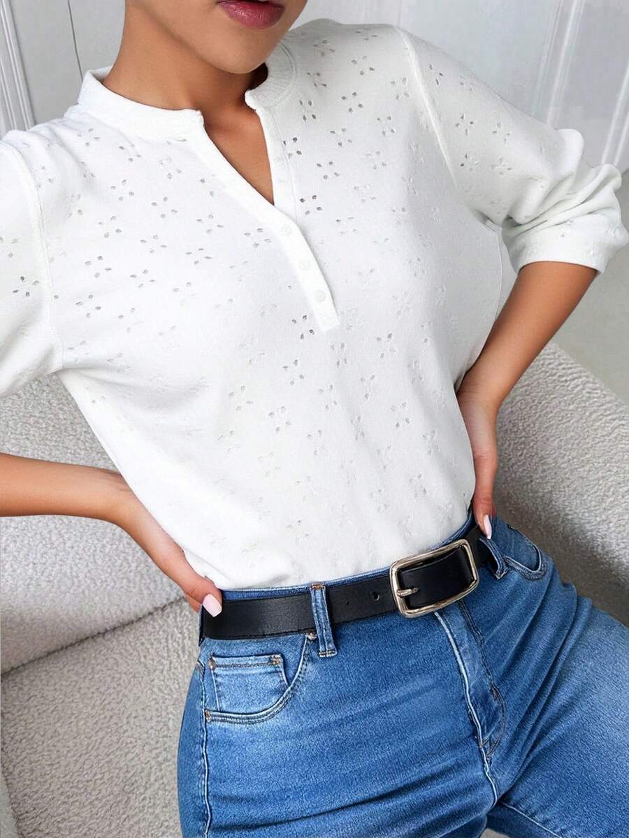 Blusa Bordado Manga Larga Cuello V Casual - Blanco - Ver 1