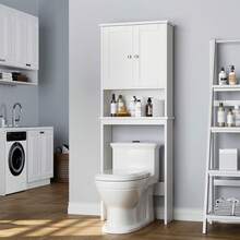 JAMFLY 66" Over The Toilet Storage Cabinet , Bathroom Cabinet With Adjustable Shelves And Open Cabinet With Anti-Tip Device,  Toilet Furniture, Freestanding Shelves For Bathroom Above Toilet, Space Saving Large Above Toilet Cabinet - 白色 - 查看 2