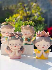 1件，仙女头梳妆台，精致多肉花盆，四个带有女孩脸孔的花盆，可爱的树脂仙人掌笔筒，适合开业季节笔筒和女性礼物和花园装饰，母亲节的最佳礼物。