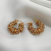 European And American INS Style Wire Wrapping Art New Uncommon Metal Cubic Zirconia Earrings, Hollow Circle 22K Gold Ear Studs