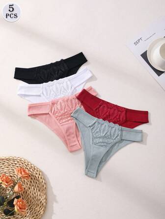 5件装性感蕾丝拼接比基尼内裤低腰无缝浪漫女士三角裤镂空舒适内衣内裤