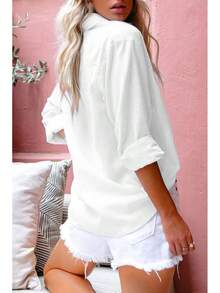 Women's Cotton Linen V Neck Button Down Shirt Long/Roll Up Sleeve Casual Collared Work Blouse Top - 1 厚白(不透明,適合日常使用) - 查看 2