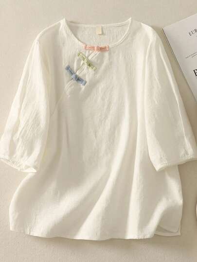 LUCIDVUE 1pc Women's Casual Chinese Style Linen Tunic Top, Summer Loose Fit Upgraded Hanfu Inspired Retro Jacquard Pullover T-Shirt