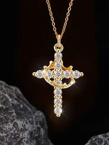 1pc Crown Cross Necklace Women Men Zirconia Gold Pated Rotable Pendant Necklace Party Vacation Birthday Jewelry Gift For Girlfriend BBF Couple