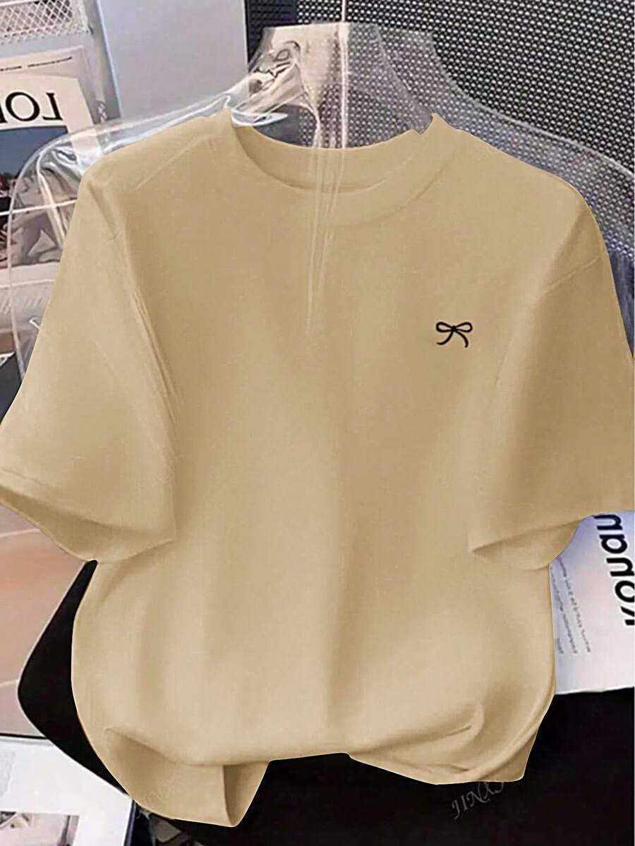Bow Printed Loose Dolman Short Sleeve T-Shirt Top - Apricot - View 1