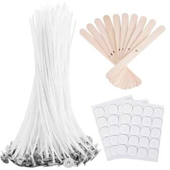 TOEDO 170 piezas/set, contiene 100 piezas de mecha de vela de 6 pulgadas, 60 piezas de pegatinas para mecha de vela y 10 piezas de dispositivo de centrado de mecha de vela de madera para hacer velas de cera de soja y cera de abeja y manualidades de velas