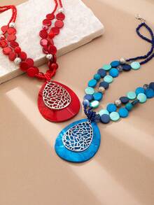 1 chiếc vòng cổ mặt dây chuyền thời trang dành cho nữ, vỏ sò hình giọt nước màu xanh lam, hạt tròn hình học, phong cách Bohemian cổ điển, trang phục hàng ngày đa năng và làm quà tặng - vòng cổ - Xem 6