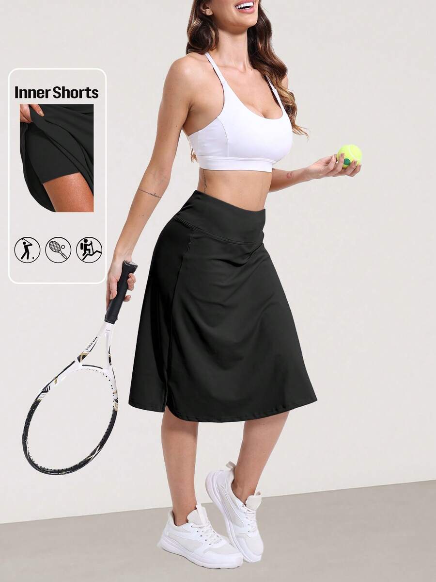CZRLHYT Women 25" Knee Length Tennis Skirt With Built In Short Golf Skirts Skirted Legging With Pockets - Black - View 1