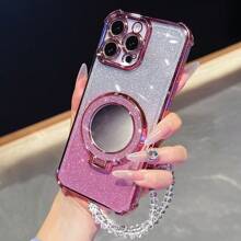 Nuevo Estuche anti-caída de 4 esquinas para teléfono + Estuche de teléfono integrado con espejo de maquillaje circular rosa brillante, cuerda colgante y soporte magnético, compatible con Galaxy I-Phone 16 Pro 16Pro Max, Sam-Sung S25/S25Plus/S25Ultra, XM HW RM, Oppo