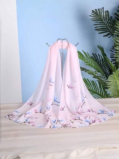 1pc Women's Soft Chiffon Floral Print Scarf, Vintage French Style Sunscreen Versatile Headscarf, Lightweight Neck Scarf Accessory For Summer