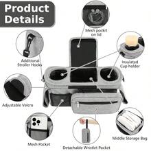 Universal Stroller Organizer With Insulated Cup Holder Detachable Phone Bag And Shoulder Strap, Stroller Bag Caddy Organizer Accessories Fits For , Baby Jogger, Britax Strollers - Grey - View 2