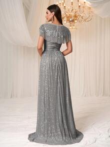 YISIKADO Abito da cerimonia da donna elegante e lussuoso con decorazioni di paillettes e perline, con scialle