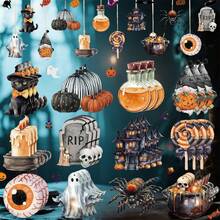 Halloween Tree Wood Ornaments 36 Pcs Set Pumpkin/Ghost/Castle Hanging Decoration For Classroom Home Office Home Decor Halloween Decor Fall Decor Room Decor