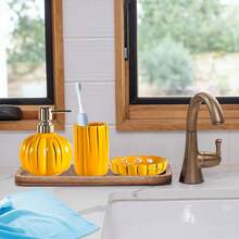 1 zestaw ceramicznych akcesoriów łazienkowych (3 sztuki), dekoracja łazienki z dynią na Halloween, jesienne zestawy łazienkowe, uchwyty na szczoteczki do zębów, dozownik do mydła, mydelniczka, organizer łazienkowy na blat kuchenny, ceramiczny dozownik do mydła w płynie o zapachu wdzięcznej dyni,