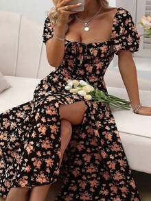 Women's Floral Print Square Neck Dress French Split Hem Dresses Elegant And Sexy - 黃色 - 查看 5