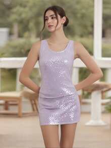 Conjunto de Top Sin Mangas y Falda Mini Ajustada de Lentejuelas para Mujer, Cuello Redondo, Delgado para Fiestas y Clubes de Verano - Morado - Ver 4
