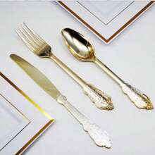 150pcs Vintage Palace Style Golden Cutlery Set - 50 Knives, 50 Forks And 50 Spoons - Reusable Dinnerware Set, Suitable For Dining, Party, Dinner, Wedding