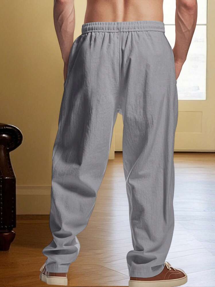 Men's Drawstring Linen Pants With Pockets Stylish Geometric Embroidery Casual Mid Rise Wide Leg Trousers For All Seasons - 灰色 - 查看 4