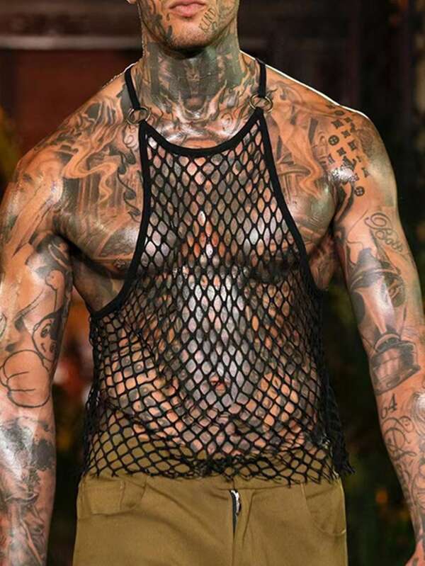Sexy Fishnet Tank Top, Men's Lingerie Hollow Sheer Sexy Underwear