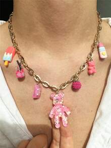 1pc Funky Jewelry Pink Cute Bear Charm Pendant Necklace, Summer Cartoon Ice Cream Candy Lipstick Multi-Element Charms Necklace DIY Personalized Creative Women Jewelry - Pink - View 3