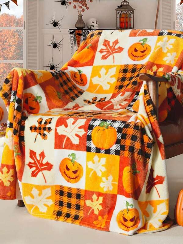 1 pièce Couverture polaire d'Halloween, couverture à carreaux avec citrouille et feuilles d'automne, moelleuse et douce pour canapé ou lit, couverture de flanelle de luxe, pour enfants, adultes, femme, usage personnel