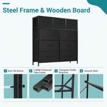 Sweetcrispy 9 Tall Fabric Clothes Cabinet Storage Organizers And Wood Top Surface Table Chest Of Drawers, 9 Drawer Dresser,Grids Grid Cabinet  Fabric Storage Tower For Bedroom, Hallway, Entryway, Closet, Tall Chest Organizer Unit With Fabric Bins, Steel Frame, Wood Top, Easy Pull Handle, Charcoal - 黑色 - 查看 7