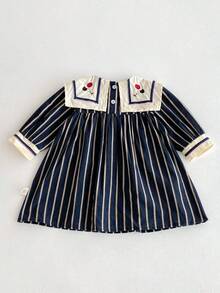 Toddler Girls' Korean Style Navy Collar Striped Long Sleeve Dress, Autumn - màu đen - Xem 3
