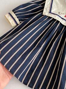 Toddler Girls' Korean Style Navy Collar Striped Long Sleeve Dress, Autumn - màu đen - Xem 5