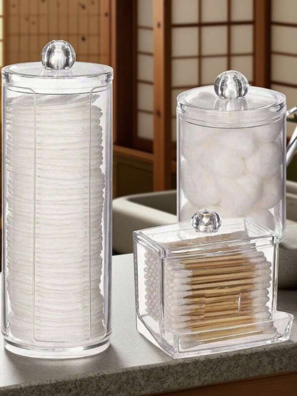 Juego de 3 organizadores de almacenamiento de maquillaje, soporte para hisopos, contenedor para baño, dispensador redondo para almohadillas/hilo dental, para organizar y almacenar, adecuado para viajes