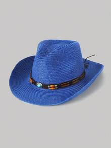 1 件纯色波西米亚休闲草编宝石牛仔沙滩帽，防晒，适合所有季节，男女通用，通勤百搭