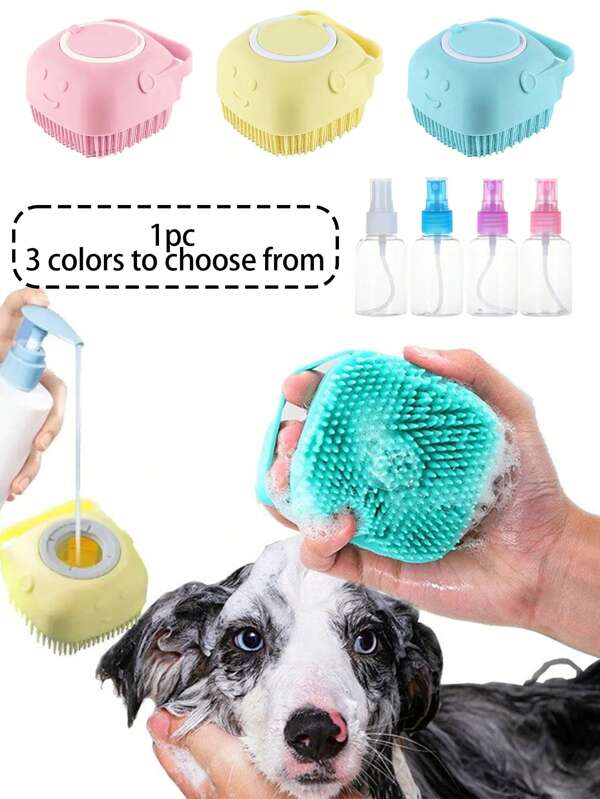 1 pieza Cepillo de baño para mascotas - Puede contener gel de ducha, con 1 botella de spray de 50ml, cepillo de silicona para baño de perro, cepillo de masaje, accesorio de baño y masaje para mascotas, cepillo suave, con anillo antideslizante, fácil de usar, tamaño pequeño, fácil de transportar, imprescindible para propietarios de mascotas, imprescindible para viajar con mascotas, imprescindible para el hogar, el mejor regalo para propietarios de mascotas (el color de la botella de spray es aleatorio)
