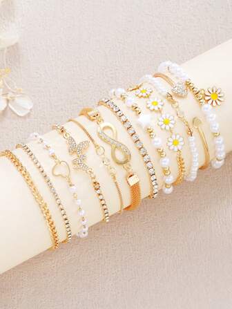 12pcs Daisy, Pearl, Rhinestone, Heart, Infinity, Butterfly Bracelet Set, Suitable For Daily Wear