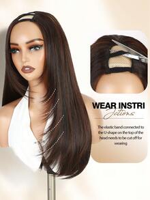 U Part Layered Straight Long Highlight Brown Wig For Women Wigs Glueless Full Wig Synthetic Wear And Go None Lace Hair Heat Resistant Natural Hair For Party Or Costume Wigs - Brown Highlight - View 6