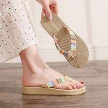 Imitación de hierba tejiendo chanclas, moda de verano, ladera exterior y playa, zapatillas frías para mujeres con pies - Albaricoque - Ver 4