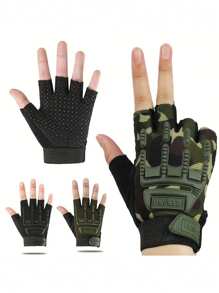 1 Par de Guantes de Medio Dedo para Niños de Verano - Resistentes al desgaste, Antideslizantes, Guantes para Deportes al Aire Libre, Apropiados para Patinaje, Correr, Senderismo - Negro, con Diseño Verde y de Camuflaje, Tejido de Punto, Cremallera, Equipo para Exteriores | Guantes de Camuflaje | Textura de Punto, Guantes para Niños