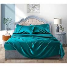 Satin Bed Sheets California King Size Sheets Set, Teal Silk Sheets, 4 - 1 - View 3