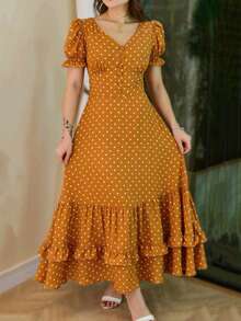 UREREM Women's Elegant Romantic Polka Dot V-Neck Midi Dress With Ruffle Sleeves, 180g Woven Fabric - Yellow - View 5