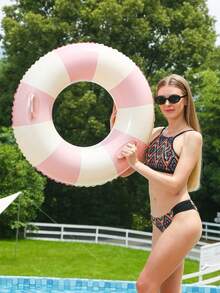 1pc Adult Dual Air Chamber Backrest Swimming Ring, Inflatable Striped Swimming Ring For Water Park Floating (Handle Color Random)