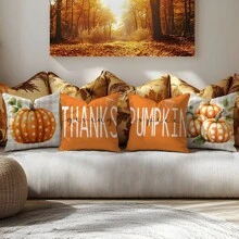 4PC Orange Polka Dot Pumpkin Text Throw Pillow Cover (17.71inx17.71in) Modern Style, Comfortable Pillow Cover, Suitable For Farm, Living Room, Sofa, Bedroom Furniture Decoration, Office Decoration, Best Gift (Pillow Insert Not Included) (Printed On One Side)
