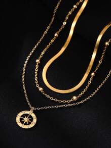 Nooxian 3 pièces/set Pendentif de collier époustouflant en cuivre creux en forme d'étoile et de soleil avec cubic zirconia cubique, chaîne plate en acier inoxydable, design multi-couches, convient pour les femmes lors de fêtes sur la plage