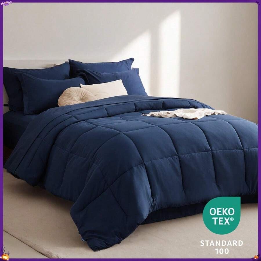 Navy Bedding Sets Queen - 7 Pieces Solid Queen Bed In A Bag, Queen Bed Set Navy With Quilted Warm Fluffy Comforters, Sheets, Pillowcases & Shams - Multicolor - View 1