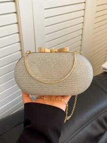 Fashionable Mini Glamorous Metal Chain Shiny/Sequin Portable Gold Women's Evening Bag, Elegant Wedding Crossbody Handbag - Silver - View 2