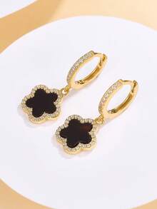 1 套 925 纯银防过敏幸运四叶草项链、吊坠耳环 - 五叶花图案镶嵌人造黑玛瑙 - 甜美可爱，适合女孩日常佩戴/派对 - 送给女儿朋友的理想幸运礼物