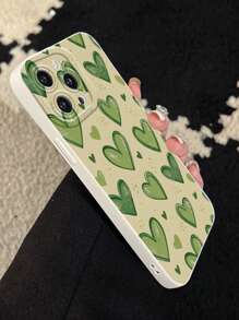1pc Heart-Shaped Printed Green Mobile Phone Case, Compatible With Apple And