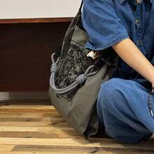 Vintage Floral Embroidered Nylon Handbag For Women - Large Capacity Lightweight Foldable Handbag With Adjustable Shoulder Straps, Deep Gray/Black, Perfect For Commuting, Travel, Beach & Holiday Gifts, Travel Handbag, Decorative Embroidery, No Lining Interior,Large-Capacity Handbags, Commuter Bags